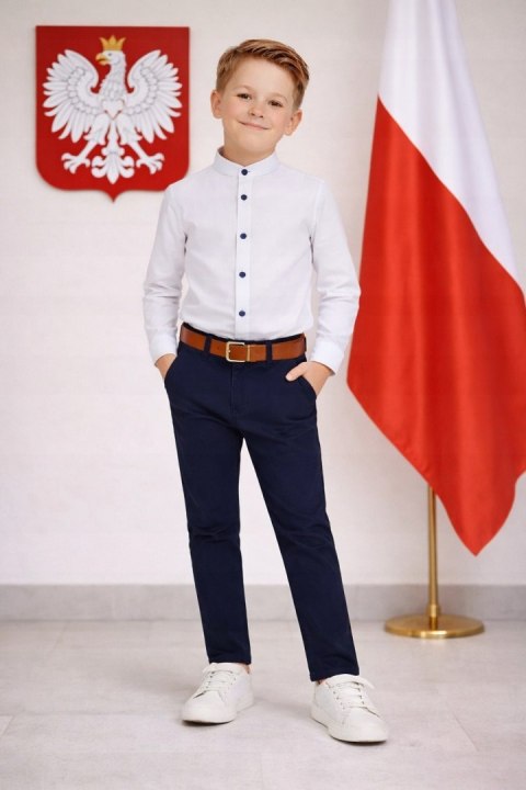 KOMPLET ELEGANCKI DLA CHŁOPCA SZKOŁA BIAŁA KOSZULA SPODNIE PASEK J46C